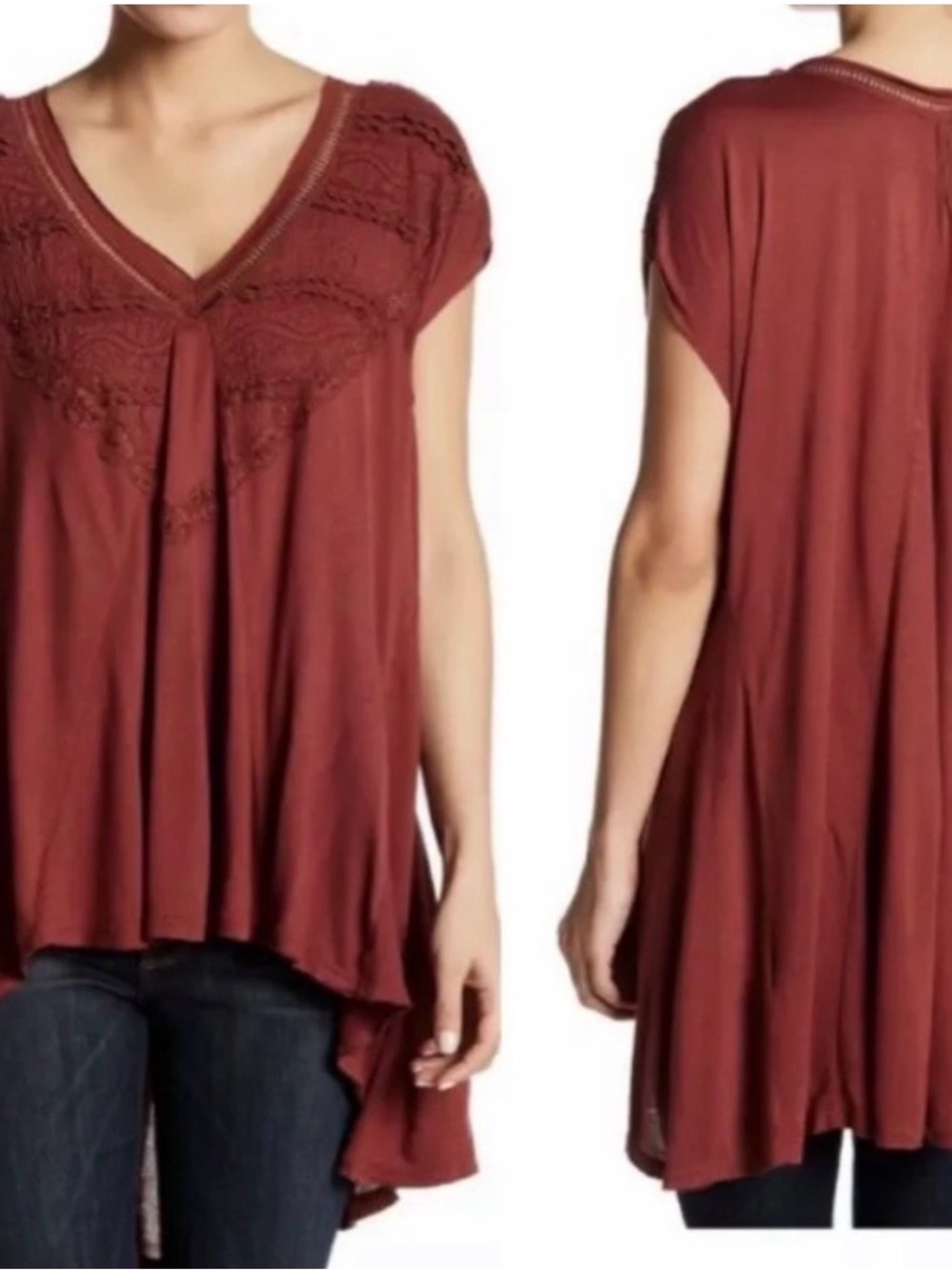 NWT Free People Abigail V-Neck Lace High Low Tee size large